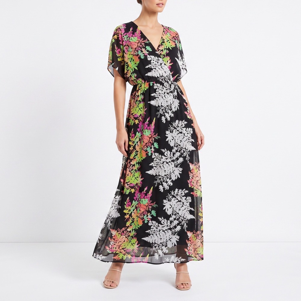 Lane Bryant Maxi Dress Womens 18/20 Floral Faux Wrap Black Chiffon Excellent